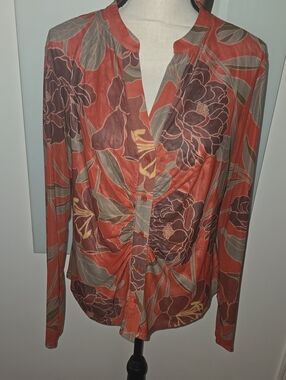 DR2 Rust Floral Button-Front Blouse with Muted Rust and Olive Accents